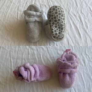 TWO PAIRS of Zutano slippers with baby-proof snaps